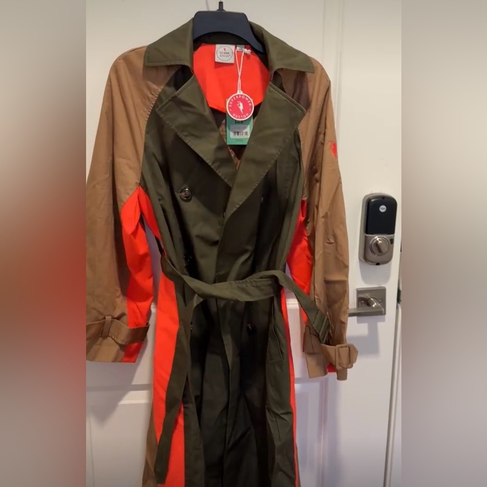 Scamp & Dude Khaki with Camel and Coral Colorblock Trench Coat- London designer